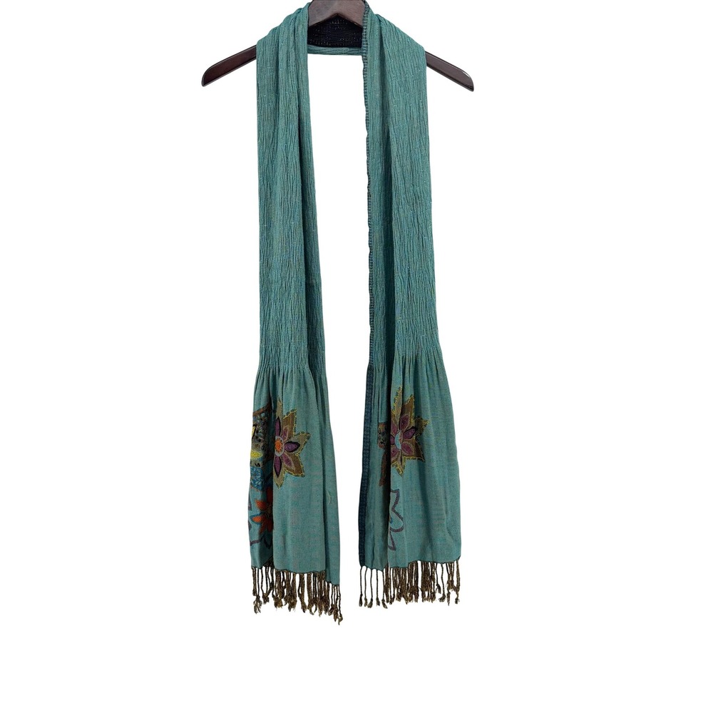 Rising Tide Teal Black Reversible Floral Embroidered Smocked Fringe Scarf Rayon